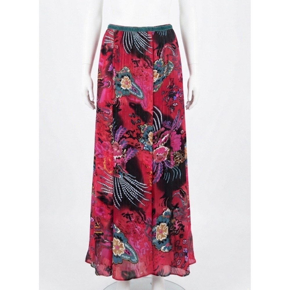 WDNY Red Floral Metallic Chiffon Maxi Skirt Size XL Pleated Boho Chic Y2K Glam